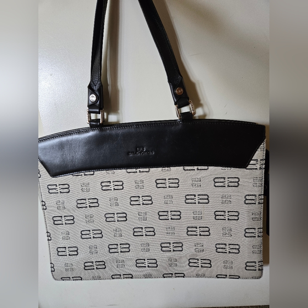 Balenciaga Black Cream Tote Bag Briefcase Leather Vintage Monogram Signature